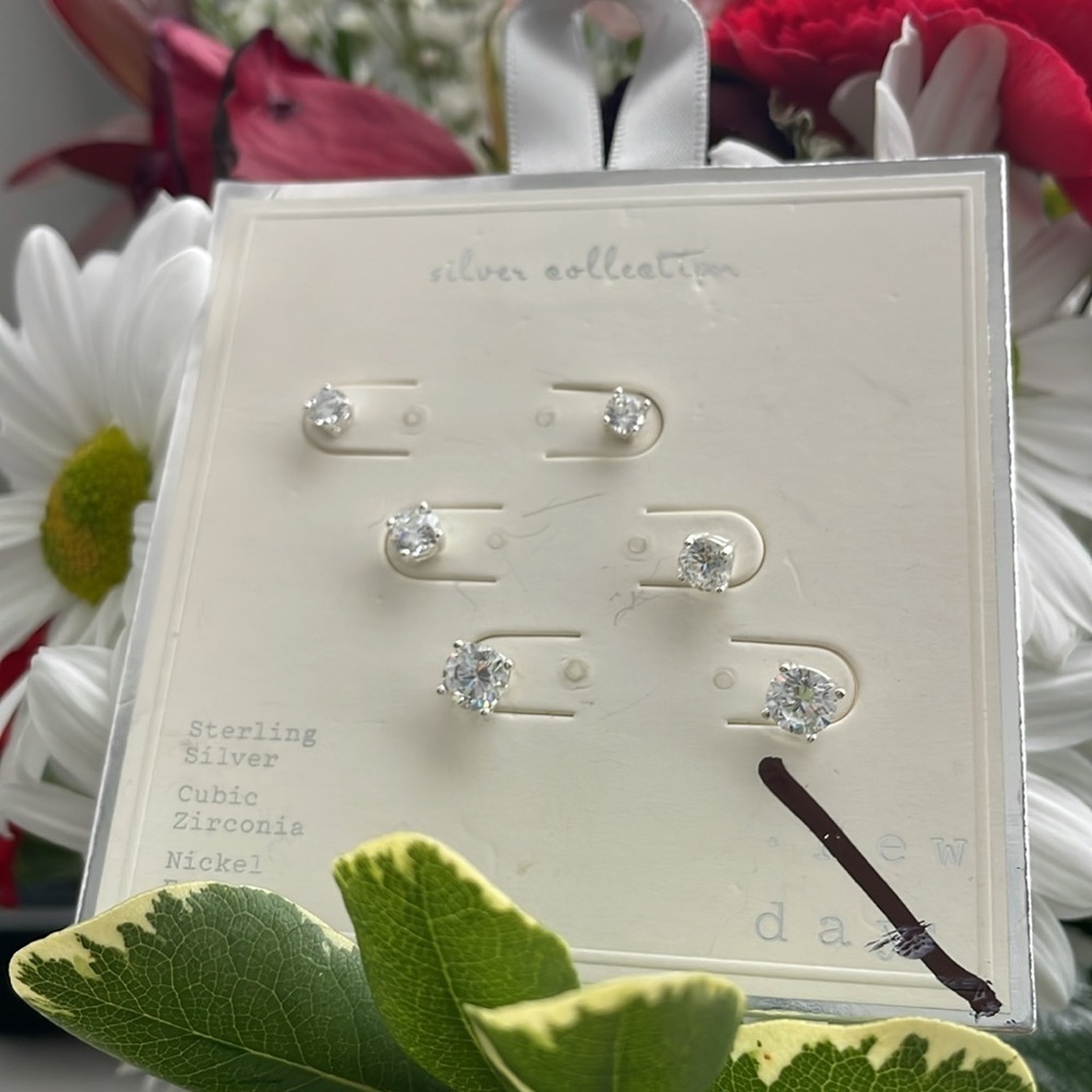 A new day Stud Earrings Sterling Silver Cubic Zirconia nickel free jewelry 3pair
